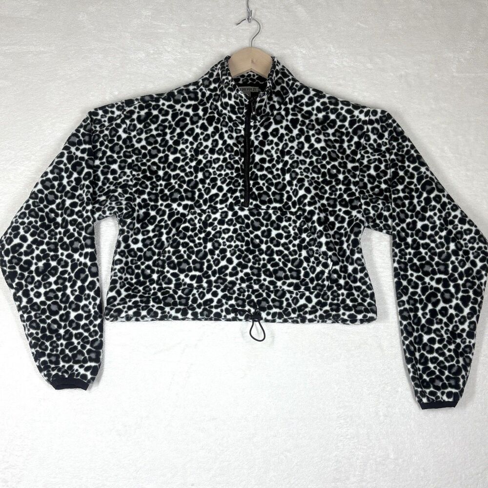 Forever 21 Half Zip Fleece Jacket Womens M Black White Leopard Print Athleisure